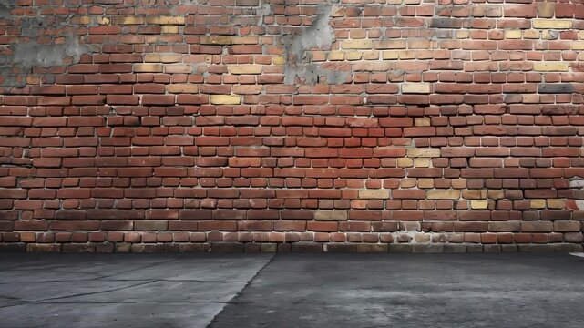 Urban alley featuring weathered red brick wall alongside concrete flooring, presenting architectural textures and spatial dimensions from varied perspectives for graphic design backgrounds
