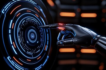 Fototapeta premium A futuristic robotic hand interacts with a glowing circular interface, showcasing advanced technology and digital connectivity.
