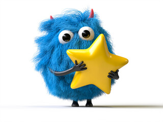 Fluffy, cute monster holding a star, symbolizing achievement or rating. 3D rendering, conceptual image. Isolated on white background.