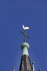Düsseldorf, Kirchturmspitze mit goldenem Wetterhahn
an St. Lambertus