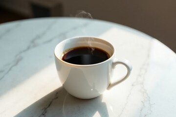 Aromatic steam rises from a cup of dark coffee, resting on a smooth, light marble surface bathed in sunlight.