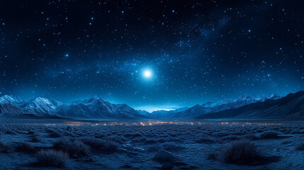 Night sky filled with stars over tranquil mountain landscape and distant lights