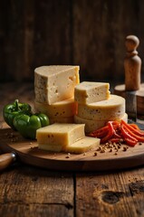 Artisanal Cheese Platter: Display of cheeses alongside green bell peppers and sliced red peppers.