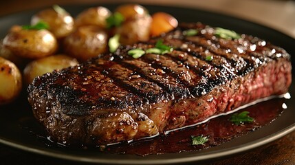 Grilled steak with roasted potatoes, herbs, and sauce on a dark plate