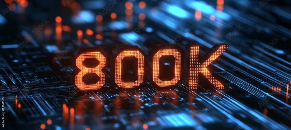 Poster glowing digital single big 3d number 800k in futuristic style on digital abstract background