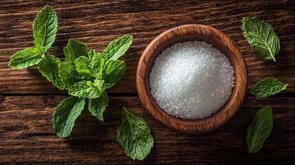 Fresh mint leaves beside a bowl of salt on a wooden surface.