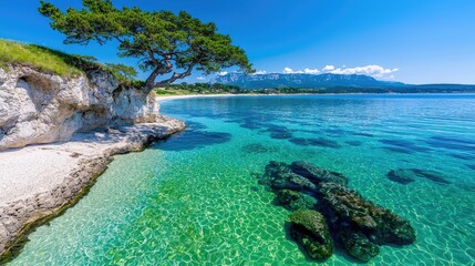 Fototapeta premium Serene coastal view tree on cliff, clear turquoise water, beach, mountains