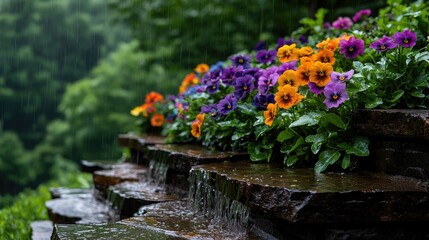 Obraz premium Colorful pansy flowers bloom on a stone terrace waterfall during a gentle rain in a lush green garden.
