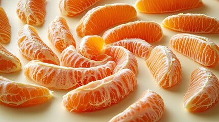 Freshly peeled mandarin segments arranged neatly on a light surface for a healthy snack option