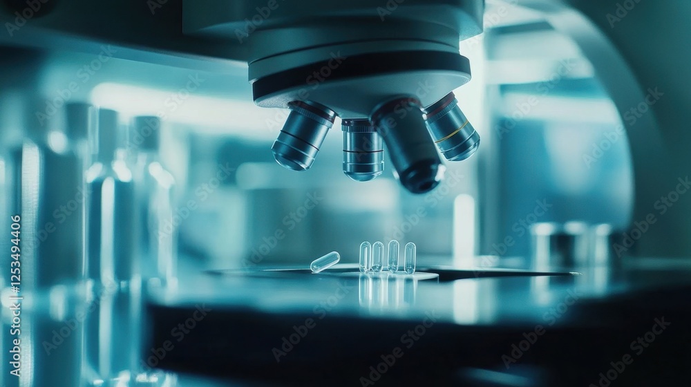 Poster close up view of a high tech laboratory microscope examining samples, highlighting the precision and