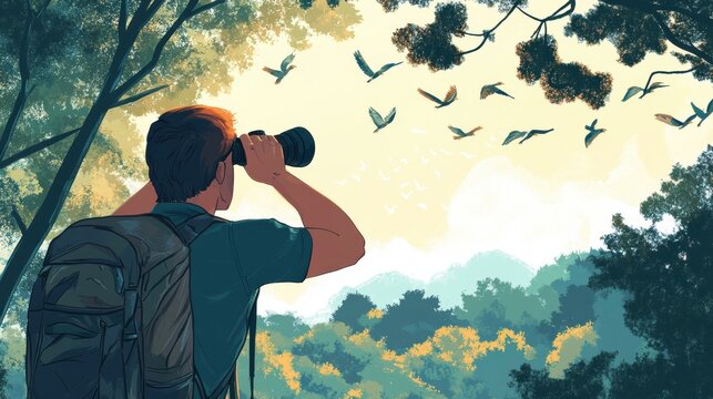 Hiker Observing Birds with Binoculars in Nature