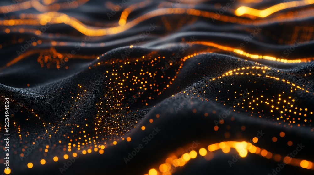 Poster abstract dark surface with glowing orange light points and lines flowing across the waves