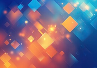 A geometric abstract with glowing orange and blue squares and diamonds floating on a gradient background