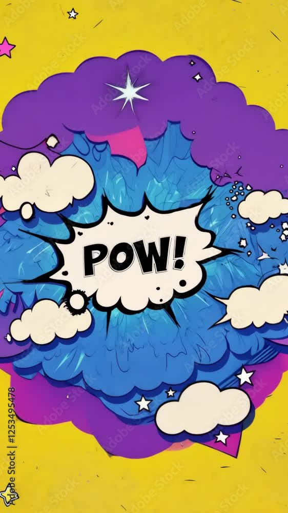 Poster a cartoon drawing of a blue explosion with the word 