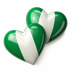 Two green and white hearts, 3D-rendered and isolated
