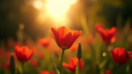 Obraz premium Illuminated Tulip Field: A Symphony of Red Blossoms Bathed in Golden Sunlight