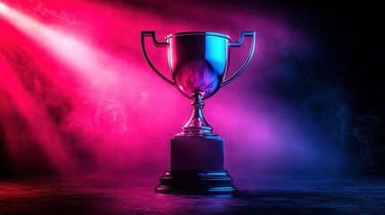 Trophy victory award neon light smoke background