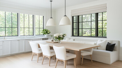 Fototapeta premium modern dining area featuring large wooden table surrounded by white upholstered chairs. Natural light floods space through large windows, enhancing serene atmosphere