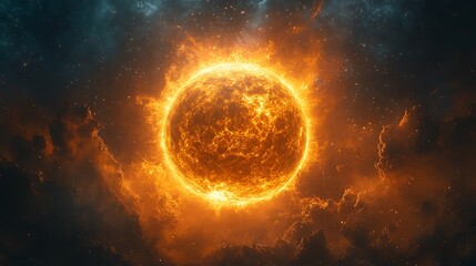 A vibrant, fiery sun radiating light amidst swirling cosmic clouds and stars in the background