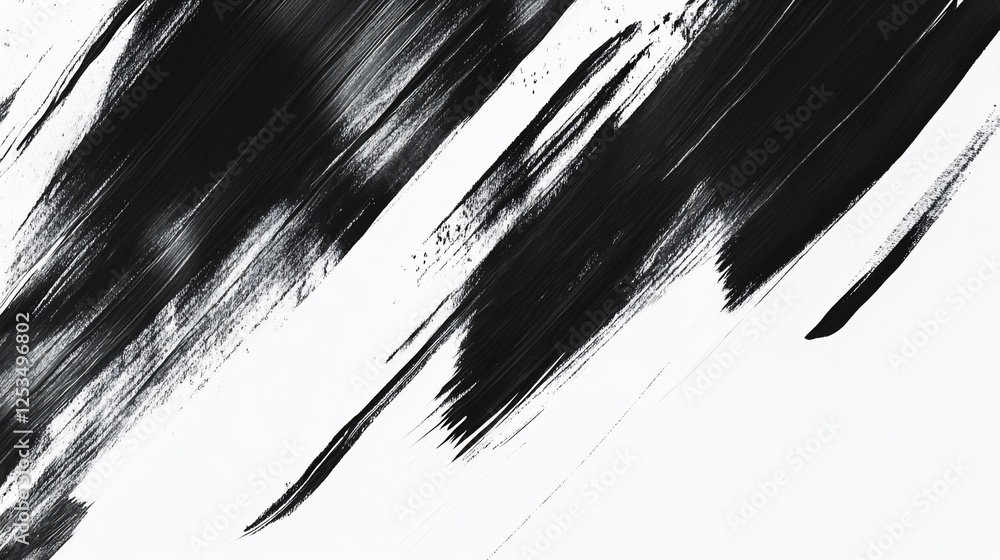 Poster abstract black and white painting with diagonal brush strokes creating a bold and dynamic design