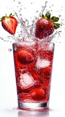 Refreshing strawberry drink with ice splashing in a clear glass on white background