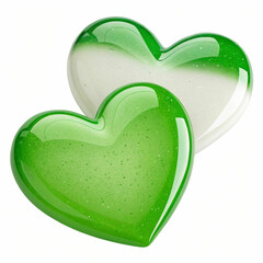 Two green and white hearts, 3D-rendered and isolated