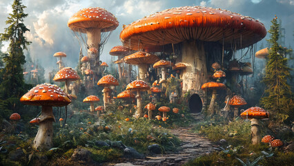 Magical forest of mushrooms