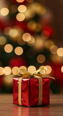 Red Christmas Present: Festive Gift Wrapped in Gold Ribbon, Bokeh Lights Background - Holiday Cheer & Decoration!