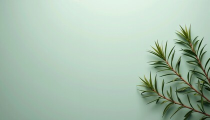 Fototapeta premium Muted sage background with myrtle branches, the basis for a postcard, copy space