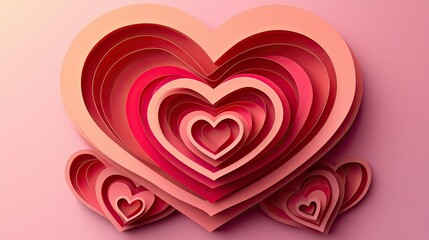 Layered paper hearts in various shades of pink set against a soft pastel background create a romantic atmosphere