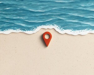 Obraz premium Beach scene with a location pin on sand and wavy water nearby.