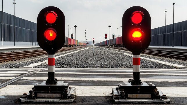 Two red railway signal lights stand on a track bed in a train yard under an overcast sky.