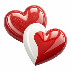 Two red and white hearts, 3D-rendered and isolated