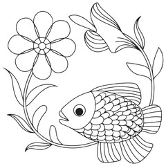 Flower and fish frame hand drawn for adult coloring book