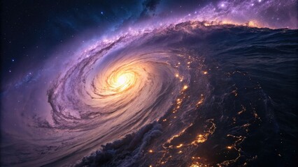 A swirling vortex of purple and blue hues amidst a halo of golden light, shimmering, ethereal