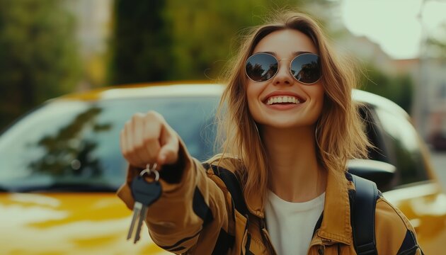 Joyful Young Woman Next To Car Holding Keys - An Exciting Moment Of Purchasing A New Vehicle.