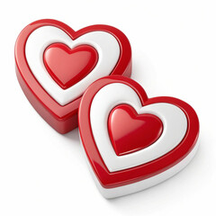 Two red and white hearts, 3D-rendered and isolated