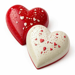 Two red and white hearts, 3D-rendered and isolated