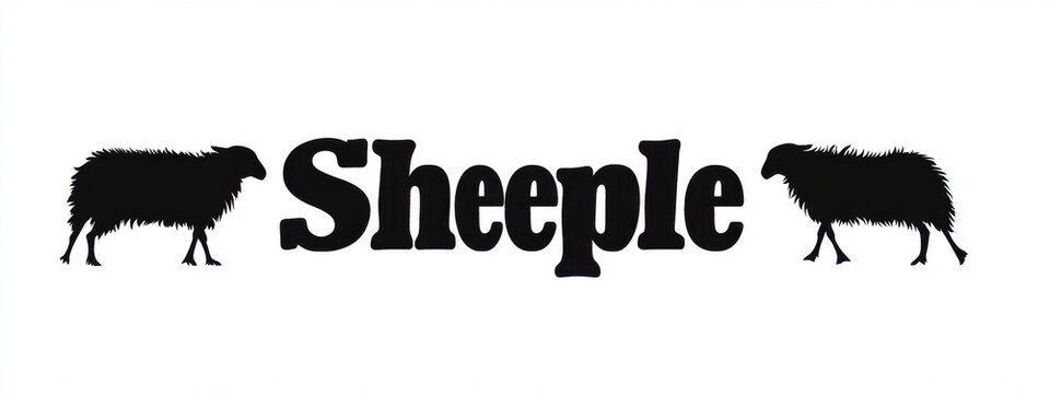 Silhouetted sheep flank bold 'Sheeple' text, emphasizing themes of conformity and group mentality in a minimalist black and white design.