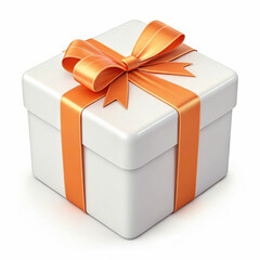 A 3D-rendered white gift box with an orange ribbon, symbolizing celebration, joy, and elegance with a festive, stylish design.