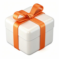 A 3D-rendered white gift box with an orange ribbon, symbolizing celebration, joy, and elegance with a festive, stylish design.