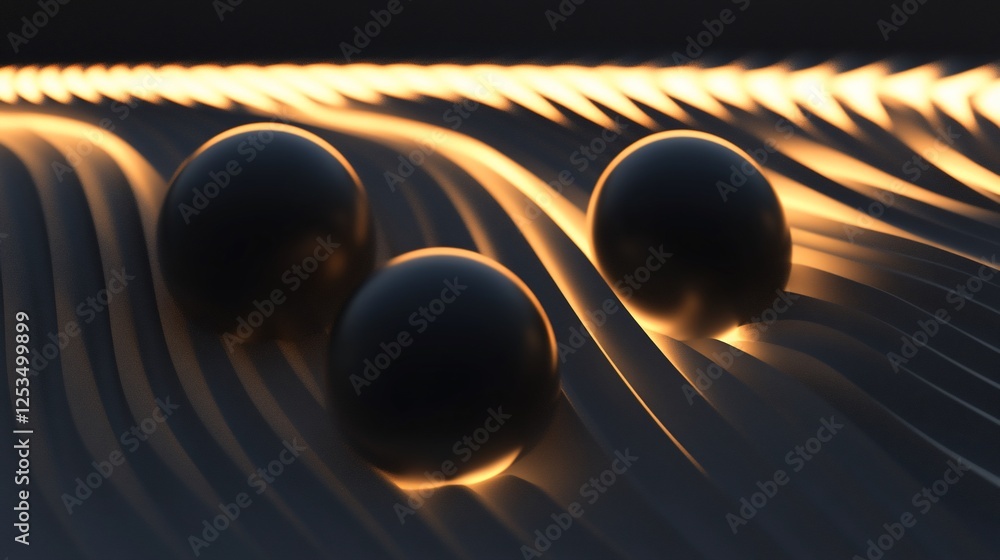 Poster abstract minimalist 3d rendering of dark spheres on wavy illuminated surface