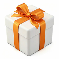 A 3D-rendered white gift box with an orange ribbon, symbolizing celebration, joy, and elegance with a festive, stylish design.