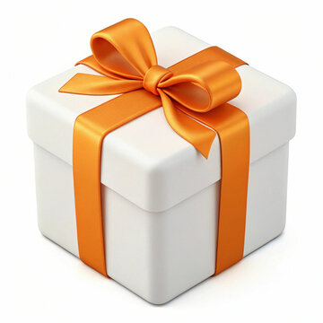 A 3D-rendered white gift box with an orange ribbon, symbolizing celebration, joy, and elegance with a festive, stylish design.