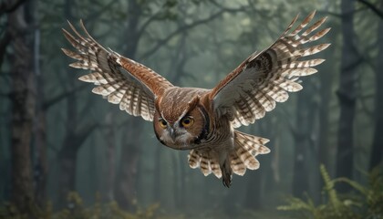 Fototapeta premium A swooping motion of an Eastern Screech Owl as it dives towards its prey, swift flight, nighttime sky