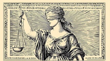 Fototapeta premium A vintage illustration of Lady Justice, blindfolded, holding scales, with radiant background