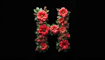 Floral Letter H Design with Red Flowers and Green Leaves