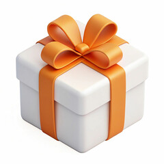 A 3D-rendered white gift box with an orange ribbon, symbolizing celebration, joy, and elegance with a festive, stylish design.