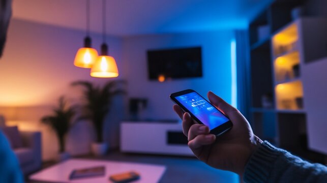 Smart Home Control: Person Adjusting Interior Lighting with Smartphone App