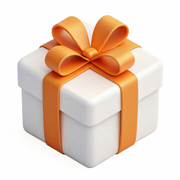A 3D-rendered white gift box with an orange ribbon, symbolizing celebration, joy, and elegance with a festive, stylish design.